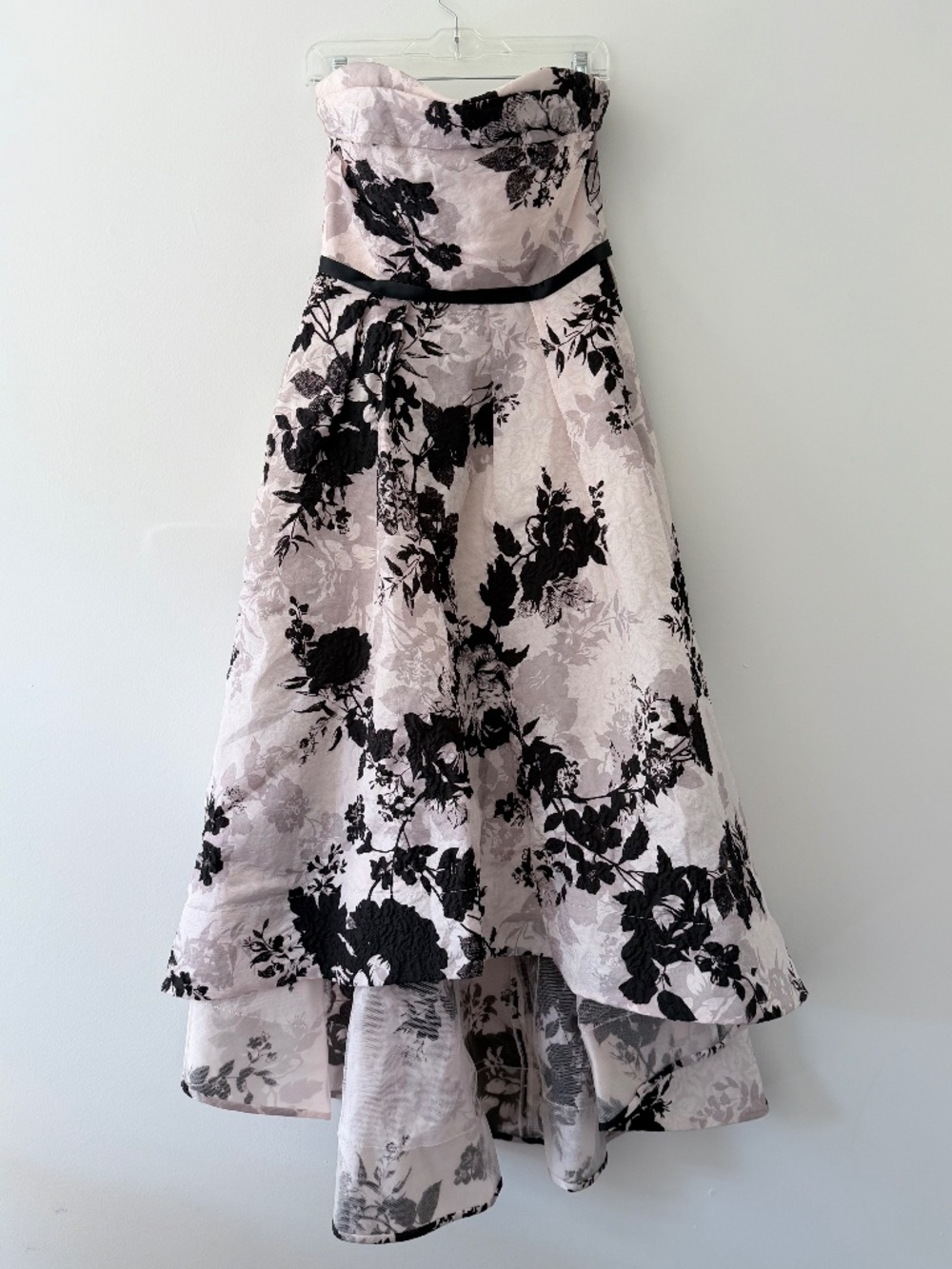 Marchesa Notte Cloque Hi-Low Strapless Blush Pink Black Floral Ribbon Pockets